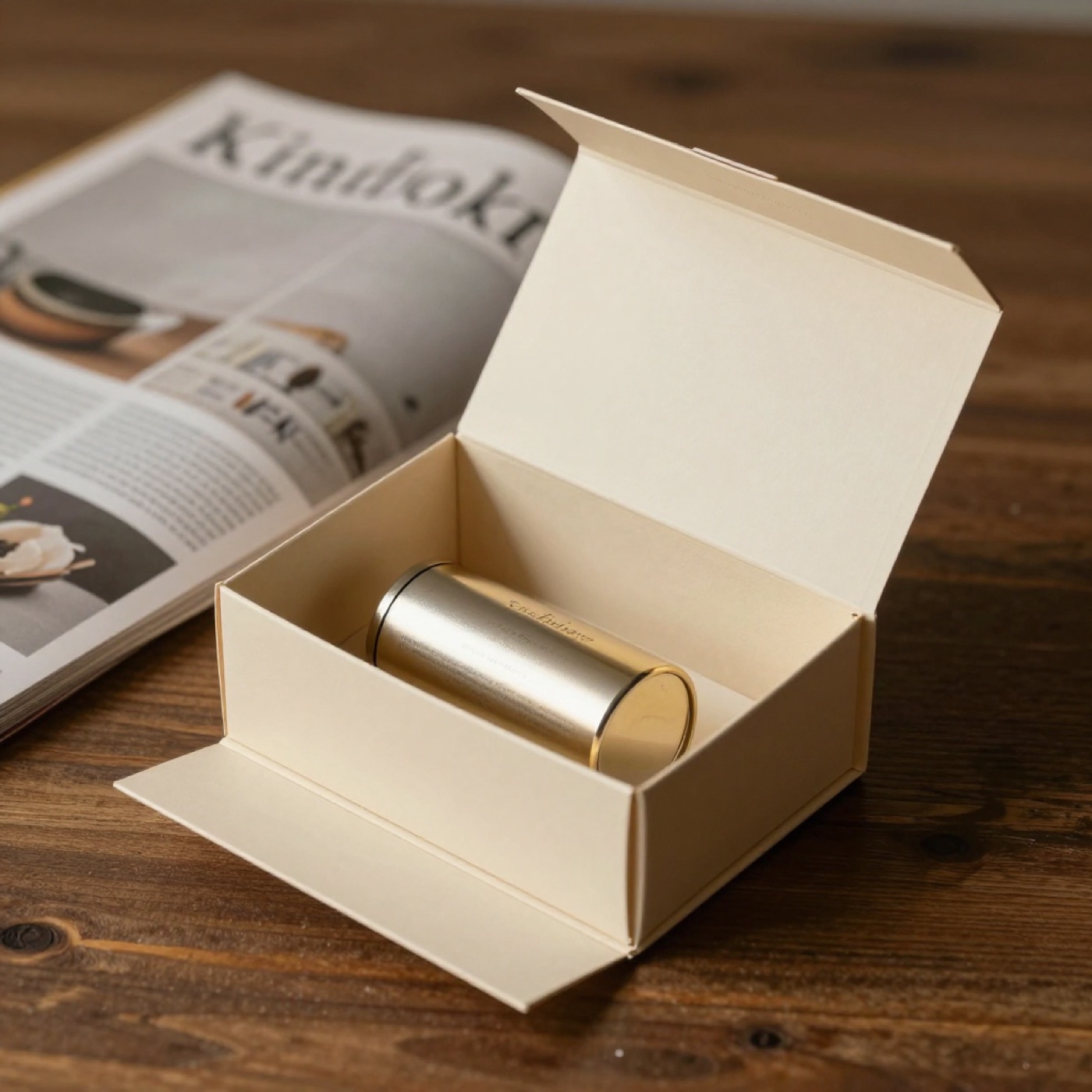 Caja de packaging premium cenital recién abierta sobre madera oscura con papel de seda crema, generada con Z-Image-Turbo